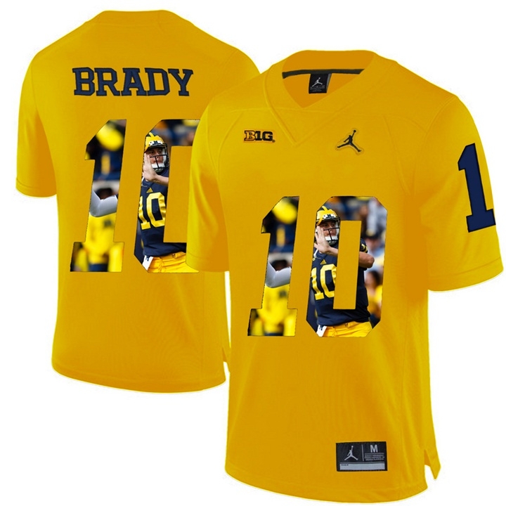 Michigan Wolverines Men's NCAA Tom Brady #10 Yellow Printing Player Portrait Premier College Football Jersey LFJ7249FQ